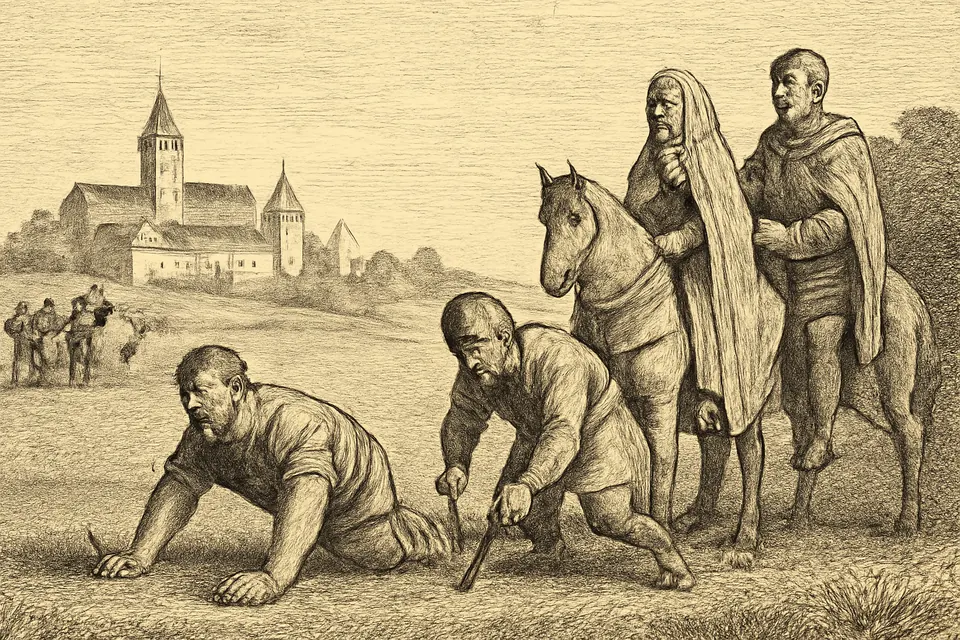 Engraving-style scene of a man without legs crawling across a wide meadow on his hands while a servant drives stakes behind him and a noblewoman watches from horseback
