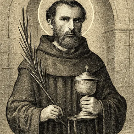 Engraving-style portrait of St. Emmanuel Ruiz as a bearded Franciscan friar in a brown habit, holding a ciborium and a martyr's palm