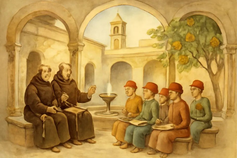 Watercolor-style scene of Franciscan friars teaching Arabic-speaking boys in the courtyard of a stone friary in old Damascus