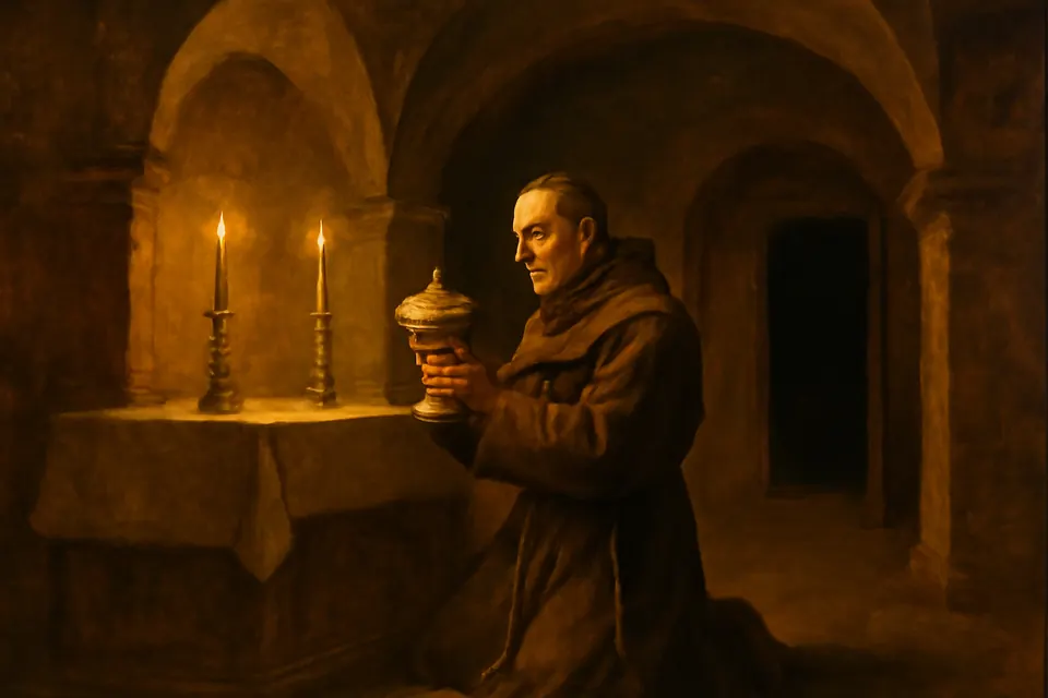 Oil-painting-style scene of a Franciscan friar kneeling at a candlelit altar at night, holding the ciborium