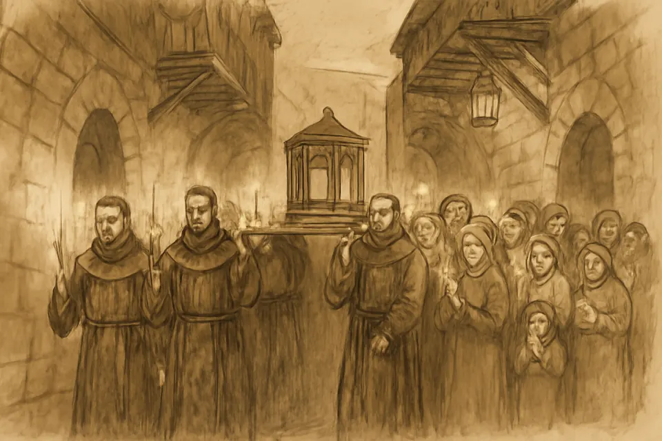Ink drawing of a candlelit evening procession carrying a reliquary through a narrow street of old Damascus
