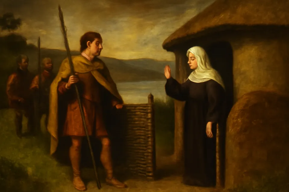 Oil-painting-style scene of a young Irish chieftain with a spear stopped at a convent gate by his sister, a nun in a white veil