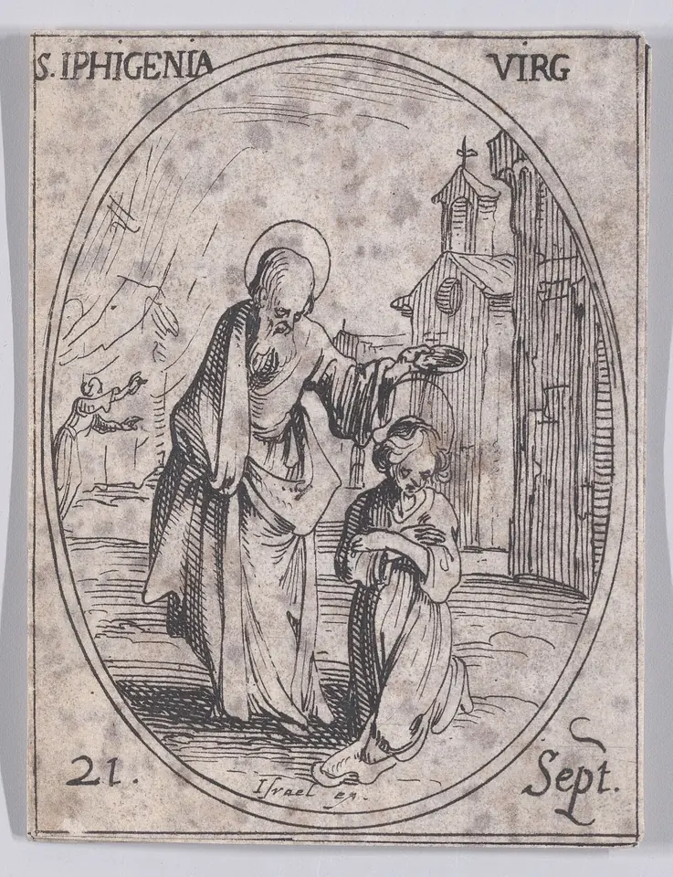 A small oval etching of an apostle with a halo laying his hand on the head of a kneeling young woman, before a church, with the words S. IPHIGENIA VIRG and 21 Sept