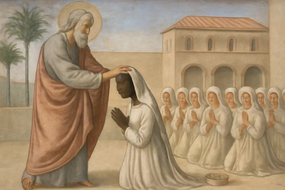 Fresco-style scene of the apostle Matthew blessing a kneeling African princess and a group of young women in white veils