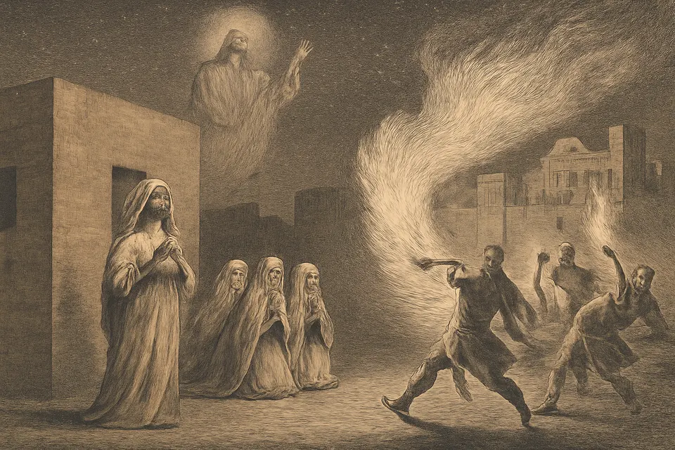 Engraving-style scene of a house of praying women spared by fire while flames turn toward a palace