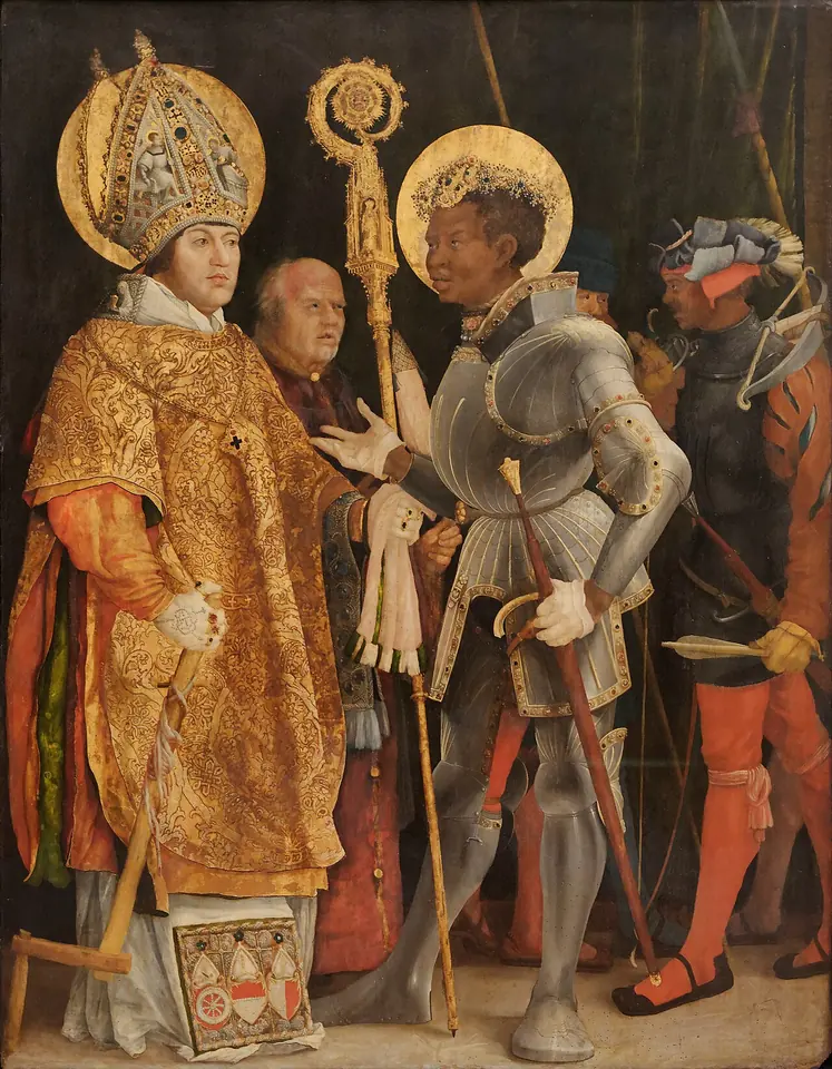 Grünewald's large panel of St. Erasmus in a gleaming gold cope and jeweled miter, holding a crozier, facing the Black soldier-saint Maurice in silver armor, with attendants behind them