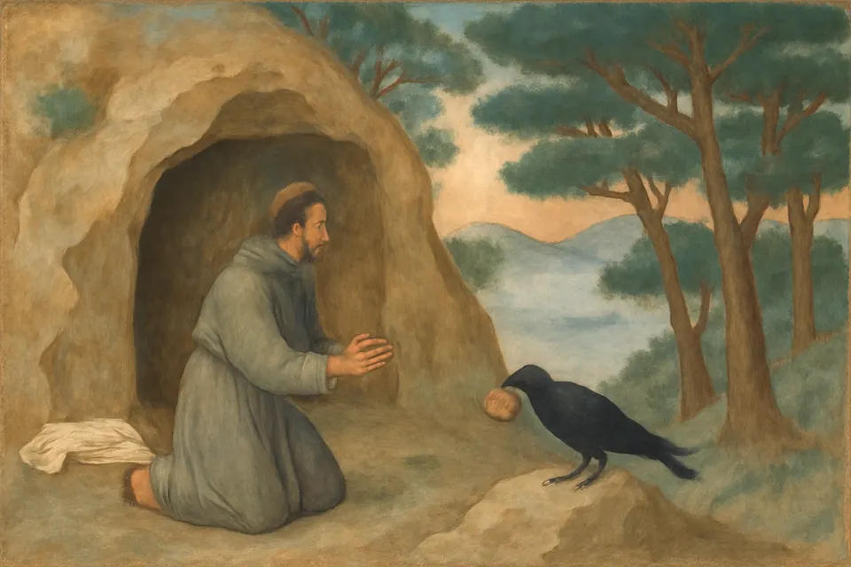 Illustration of a hermit bishop in a mountain cave being brought bread by a raven
