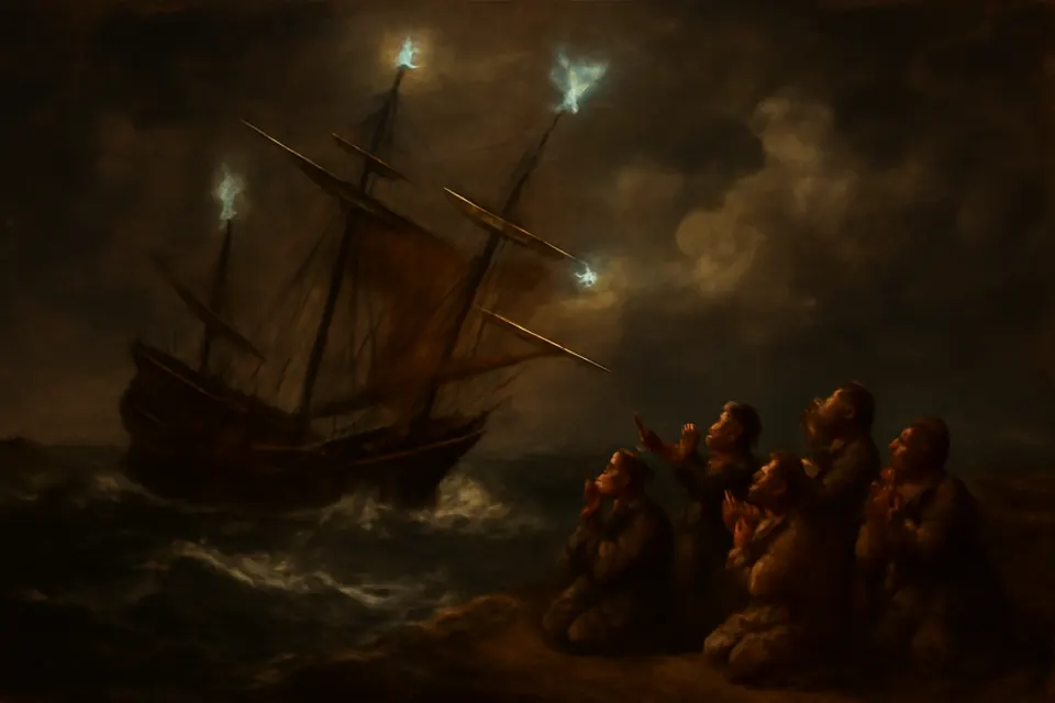 Illustration of sailors on a storm-tossed sailing ship looking up at a pale blue glow on the top of the mast
