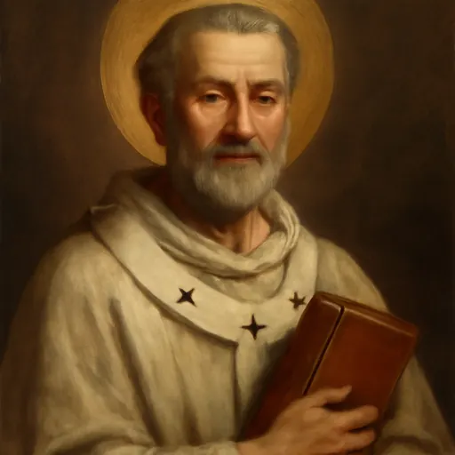 Oil-painting-style portrait of Pope St. Eugene I, a gentle-faced seventh-century Roman pope with a short gray beard, wearing a white pallium and holding a book