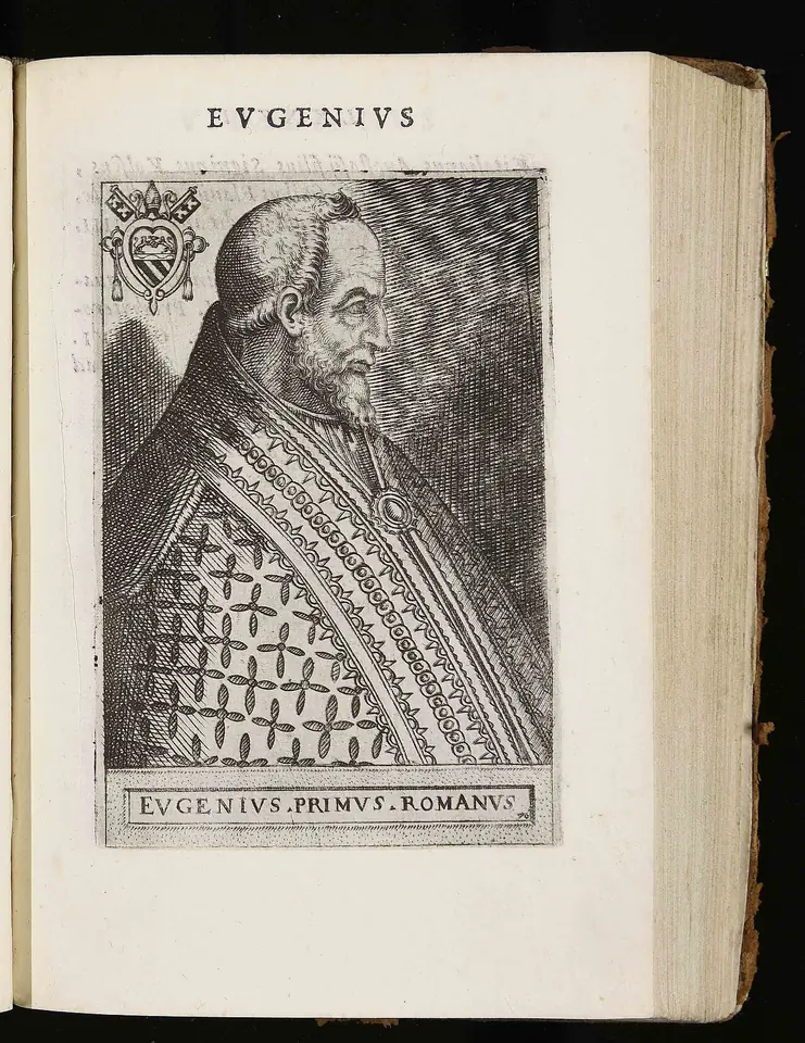 A sixteenth-century engraved profile portrait of a bearded pope in an embroidered cope, framed with the inscription Eugenius Primus Romanus, in an open old book