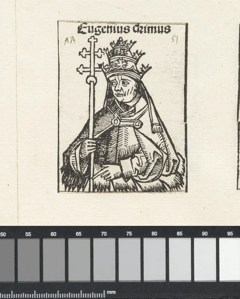 A woodcut of a pope in a triple tiara holding a staff topped with a double cross, rising from a flower cup, labeled Eugenius primus