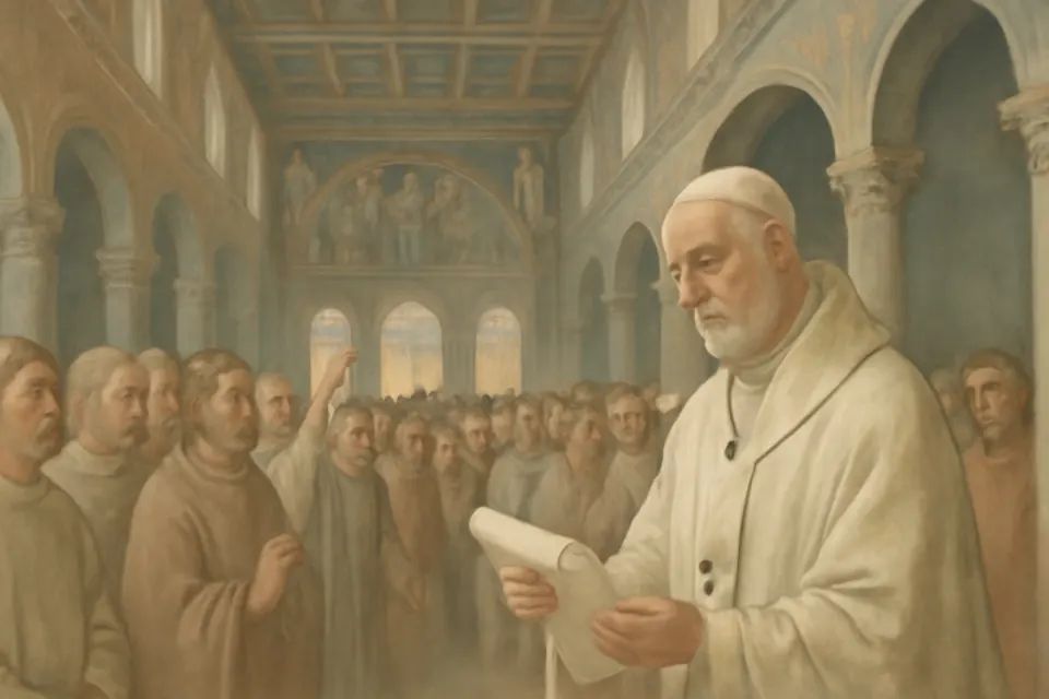 Fresco-style scene of an elderly pope standing in a crowded early basilica while clergy and people raise their hands and block the doors