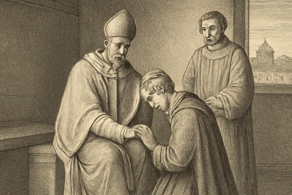 Engraving-style scene of an elderly pope laying his hand on the head of a kneeling young English pilgrim while an archdeacon looks on