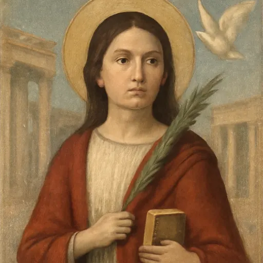 Fresco-style portrait of St. Eulalia of Mérida as a young girl in a white tunic and red mantle, holding a martyr's palm, with a white dove above her shoulder