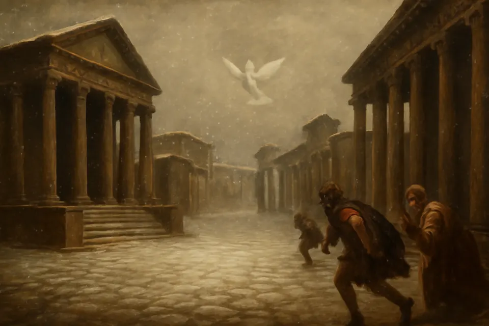 Oil-painting-style scene of a white dove rising into a gray winter sky over an empty Roman forum as snow begins to fall and soldiers hurry away