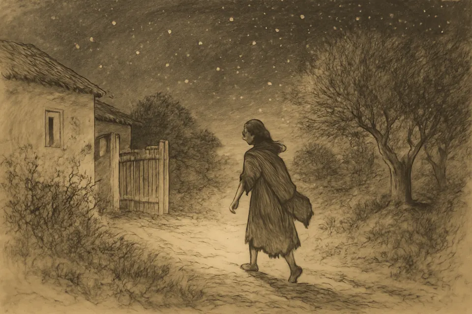 Ink-drawing-style scene of a young girl slipping out of a country villa gate at night and walking barefoot along a rough path under the stars