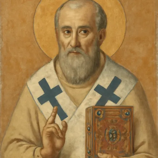 Fresco-style portrait of St. Eulogius of Alexandria, a gray-bearded sixth-century patriarch in a white omophorion with black crosses, holding a book of the Gospels