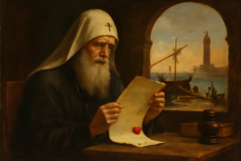 Oil-painting-style scene of an elderly patriarch reading a letter at a table by a window over the harbor of Alexandria, with a ship unloading long timbers below