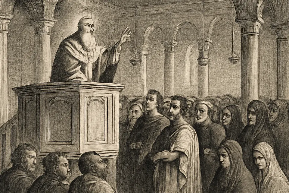 Engraving-style scene of a patriarch preaching from an ambo to a crowd of Egyptians and Greeks in a large early church