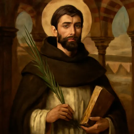 Oil-painting-style portrait of St. Eulogius of Córdoba as a bearded Spanish priest in a dark cloak, holding a book and a martyr's palm