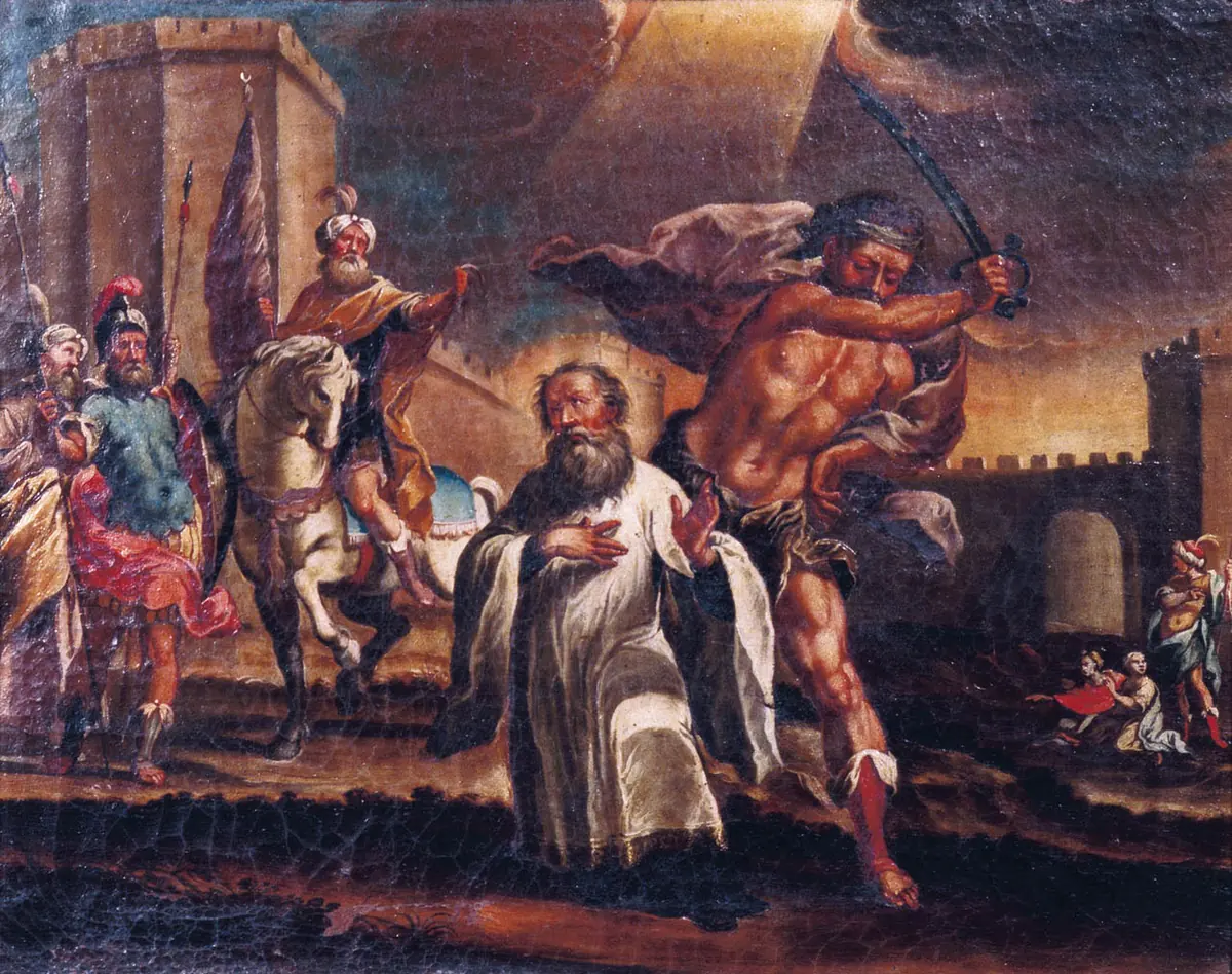 Old painting of a bearded priest in white kneeling calmly with a hand on his chest while an executioner raises a sword behind him, with horsemen in turbans and city walls in the background