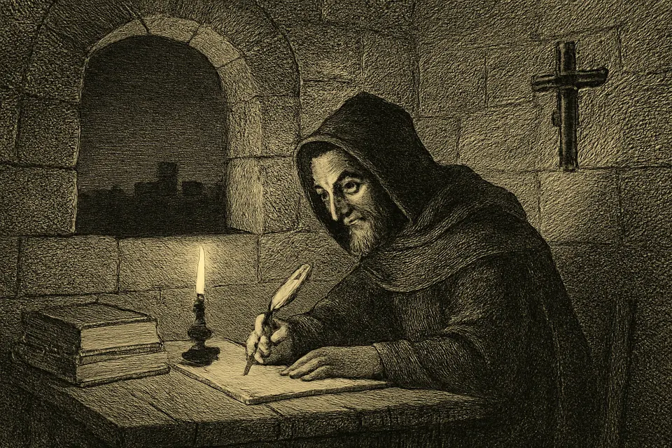 Engraving-style scene of Eulogius writing by candlelight in a monastery cell, recording the deaths of the martyrs of Córdoba