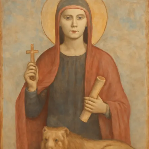Fresco-style portrait of St. Euphemia of Chalcedon as a young woman in a red cloak over a blue tunic, holding a cross and a rolled scroll