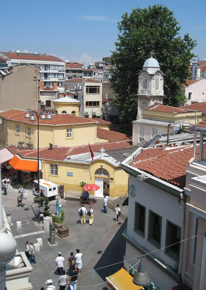 A small Greek Orthodox church with a bell tower in the busy market streets of Kadıköy, Istanbul, the ancient Chalcedon
