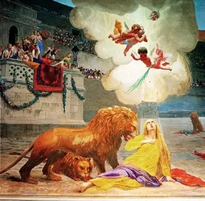 Painting of St. Euphemia in a yellow gown fallen in an arena as a lion leans over her, while angels in the clouds bring her a palm and a crown