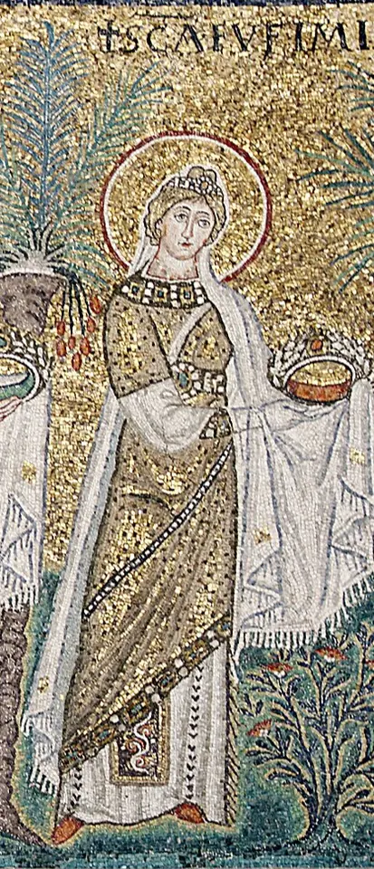 Byzantine gold mosaic of St. Euphemia in a jeweled white and gold robe, carrying a crown in veiled hands between palm trees, labeled "SCA EVFIMIA"