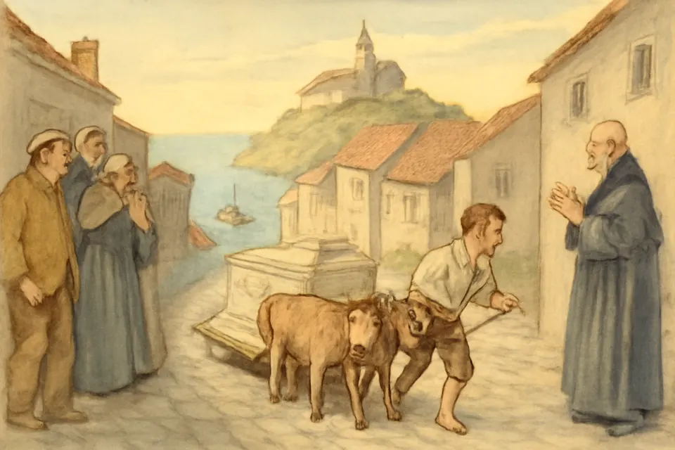 Watercolor-style scene of a small boy leading two young calves that pull a heavy marble sarcophagus up a stone street in Rovinj