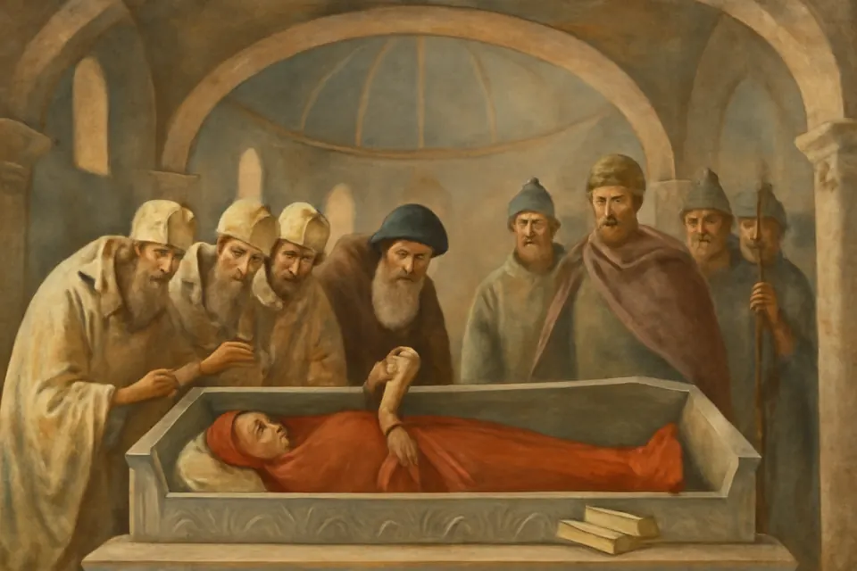 Fresco-style scene of bishops at the Council of Chalcedon finding one scroll in St. Euphemia's right hand and the other at her feet when her tomb is opened
