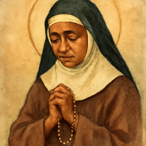 Watercolor holy-card portrait of St. Euphrasia Eluvathingal, an elderly Indian Carmelite sister in a brown habit and black veil, holding a rosary with folded hands