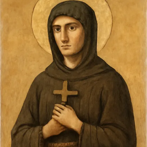 Fresco-style portrait of St. Euphrosyne of Alexandria, a young woman with a calm, thin face in the dark habit and hood of an Egyptian monk, holding a small wooden cross