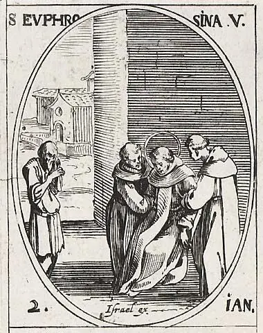 A small oval etching of monks in hooded habits gathered around a dying young monk held up in their arms, while an old man looks on