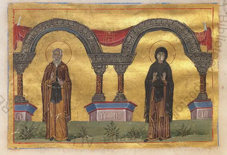 A Byzantine miniature on gold ground of a bearded monk and a woman in a dark veil standing side by side under two arches, both with gold halos