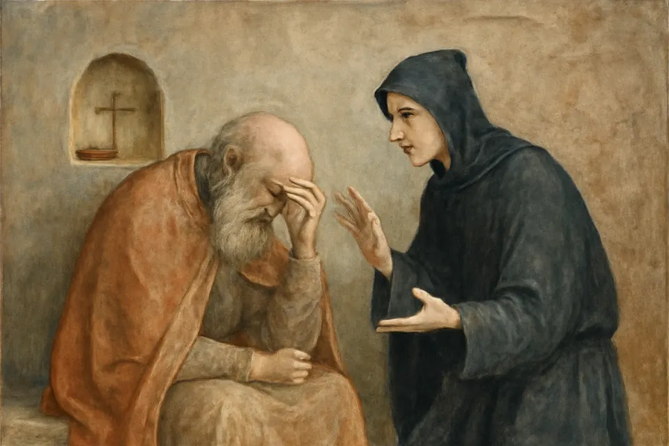 Fresco-style scene of a grieving old man in a rich cloak seated in a monk's bare cell, listening to a young hooded monk who speaks to him gently