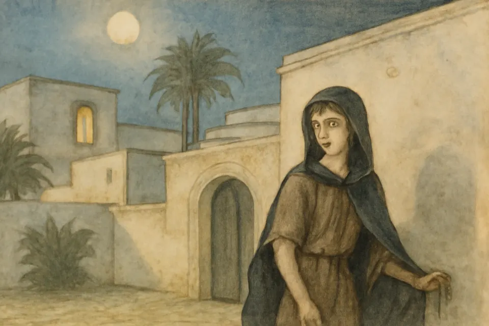 Watercolor-style scene of a young woman in a plain man's cloak slipping out of a rich Alexandrian house at night, her long hair cut short