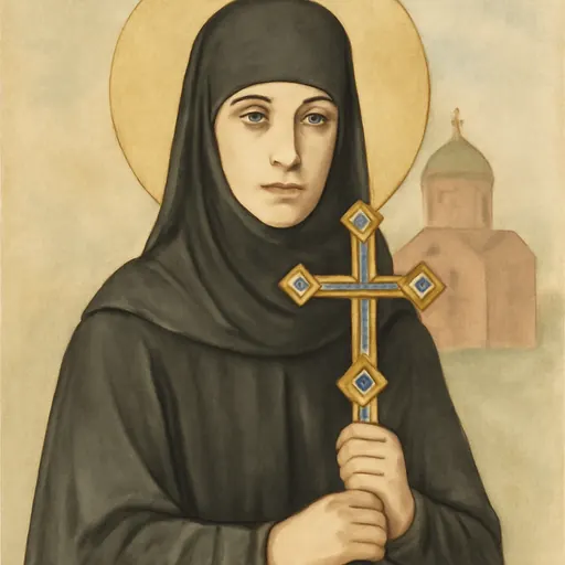 Watercolor-style portrait of St. Euphrosyne of Polotsk, a young nun in a black habit and veil holding a jeweled six-armed gold cross