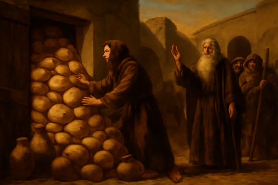 Oil-painting-style scene of an amazed monk opening a storeroom door in a desert monastery to find it overflowing with loaves, while an old abbot and hungry pilgrims wait outside