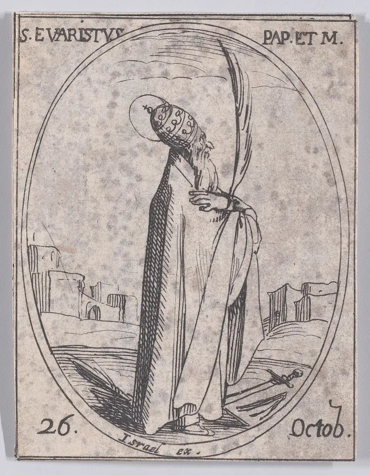 Small etching of a pope in a tiara and long cope holding a palm branch, with a sword on the ground at his feet and Roman ruins behind him, dated 26 October