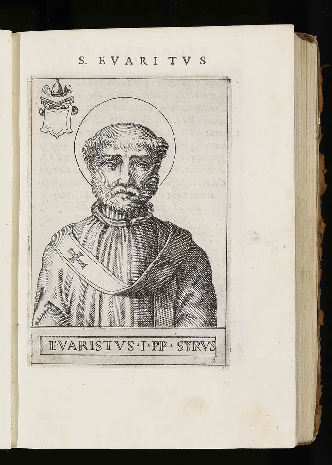 Engraved portrait in an open book of a bearded pope with a halo and a pallium marked with crosses, labeled Evaristus I PP Syrus