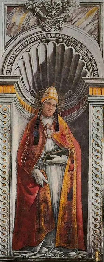 Fresco of a pope in a tall white miter and red cope standing in a painted niche topped with a carved shell, holding a book