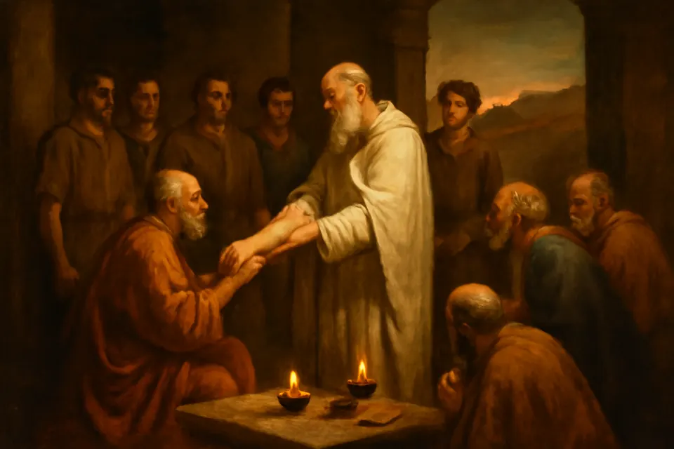 Oil-painting-style scene of an aged bishop in ancient Rome handing a scroll to a group of presbyters in a courtyard of a Roman house, with deacons standing near him