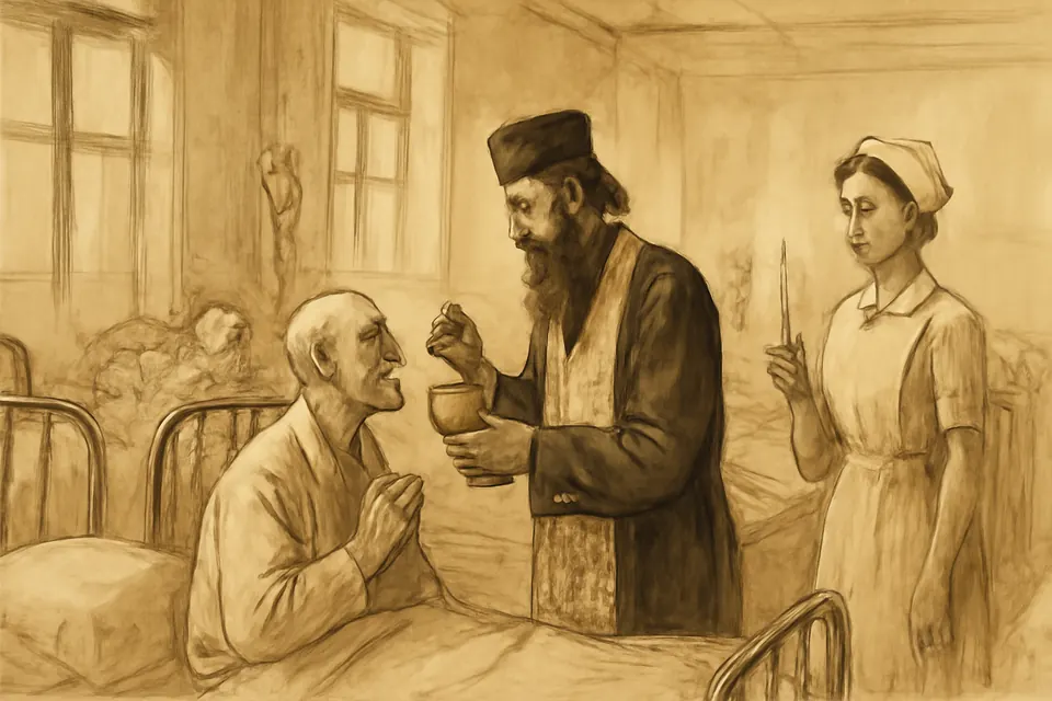 Ink-drawing-style scene of an Orthodox priest giving Holy Communion from a chalice to an elderly patient sitting up in a hospital bed