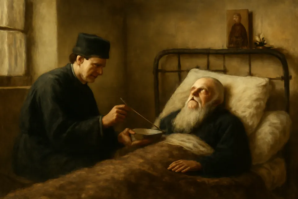 Oil-painting-style scene of a young monk feeding an old, blind, paralyzed monk lying on a bed in a simple hospital room