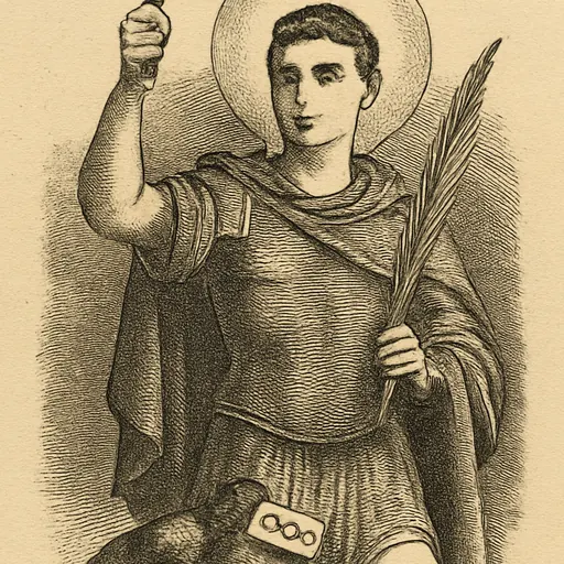 Oil-painting-style portrait of St. Expedite as a young Roman soldier in armor and a red cloak, raising a cross marked HODIE with a black crow under his foot