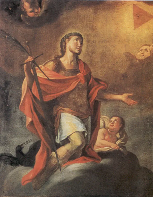 Oil painting of St. Expedite in armor and a red cloak on a cloud, holding a palm and looking up, with a black crow at his feet and a cherub beside him