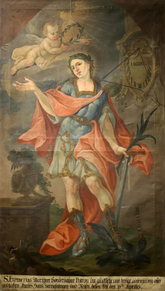Painting of a young soldier saint in a blue tunic and red cloak holding a palm and a sword, a crow labeled Cras Cras at his feet and a clock marked HODIE on the wall behind him