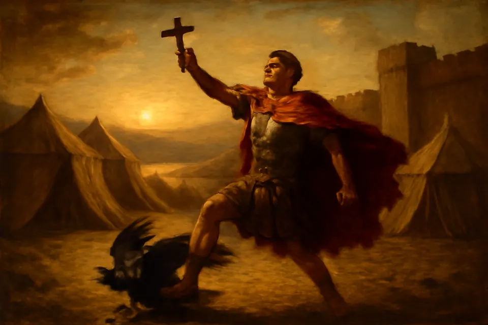 Illustration of a Roman soldier stamping on a black crow while lifting a cross, in a military camp at dawn